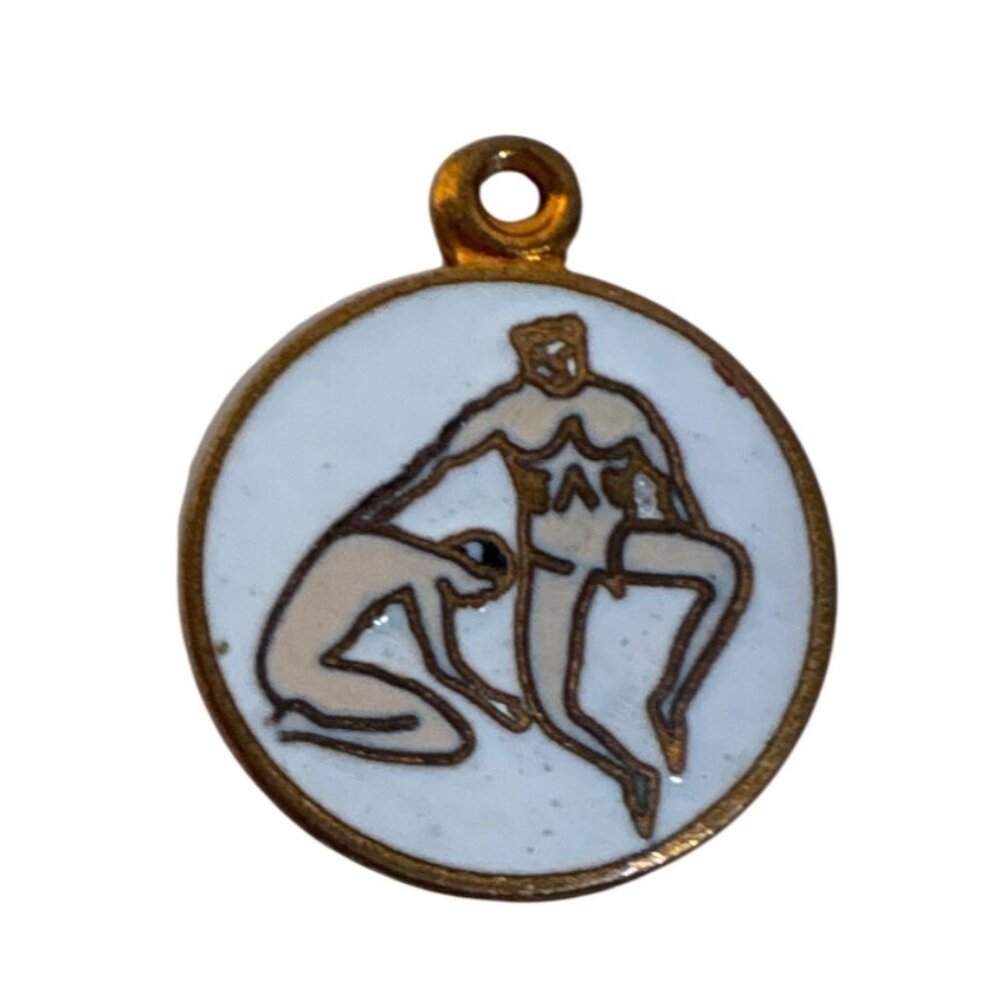 Zodiac Virgo Pendant Charm With White Enamel & Abstract Design Gold Toned Vtg